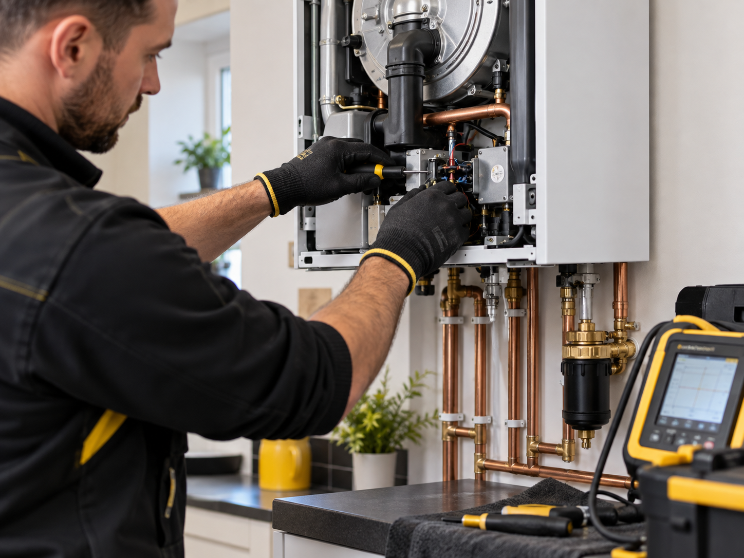 Heating engineer carrying out specialist boiler servicing
